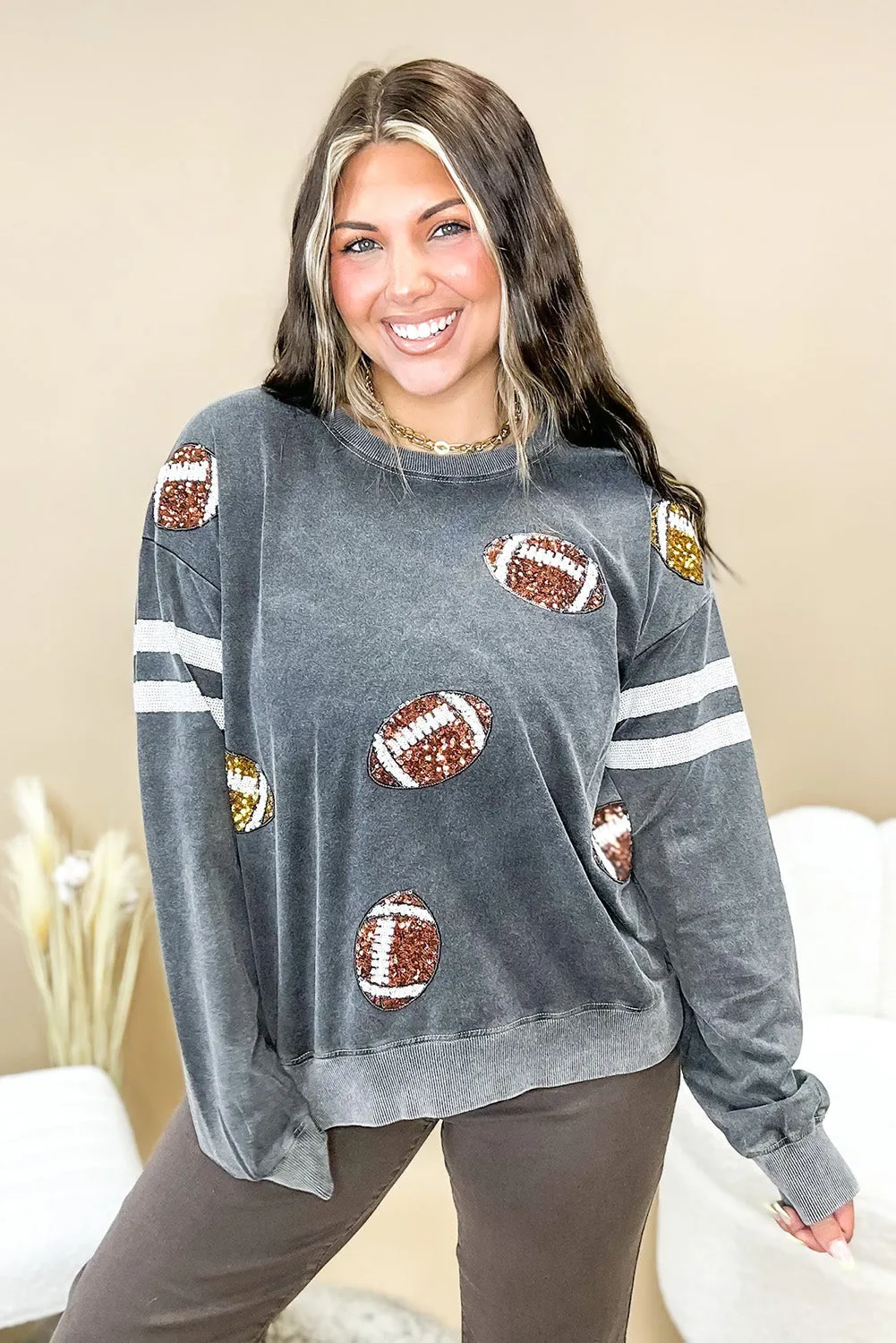 Medium Grey Mineral Wash Sequin Rugby Striped Sleeve Sweatshirt