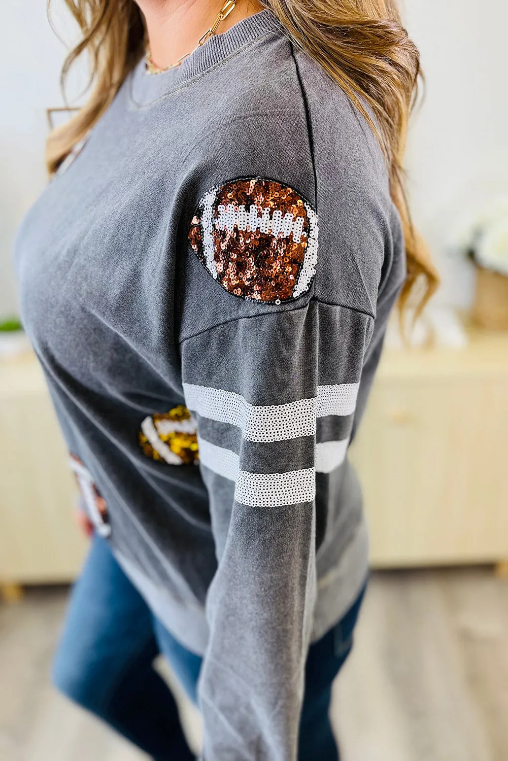 Medium Grey Mineral Wash Sequin Rugby Striped Sleeve Sweatshirt