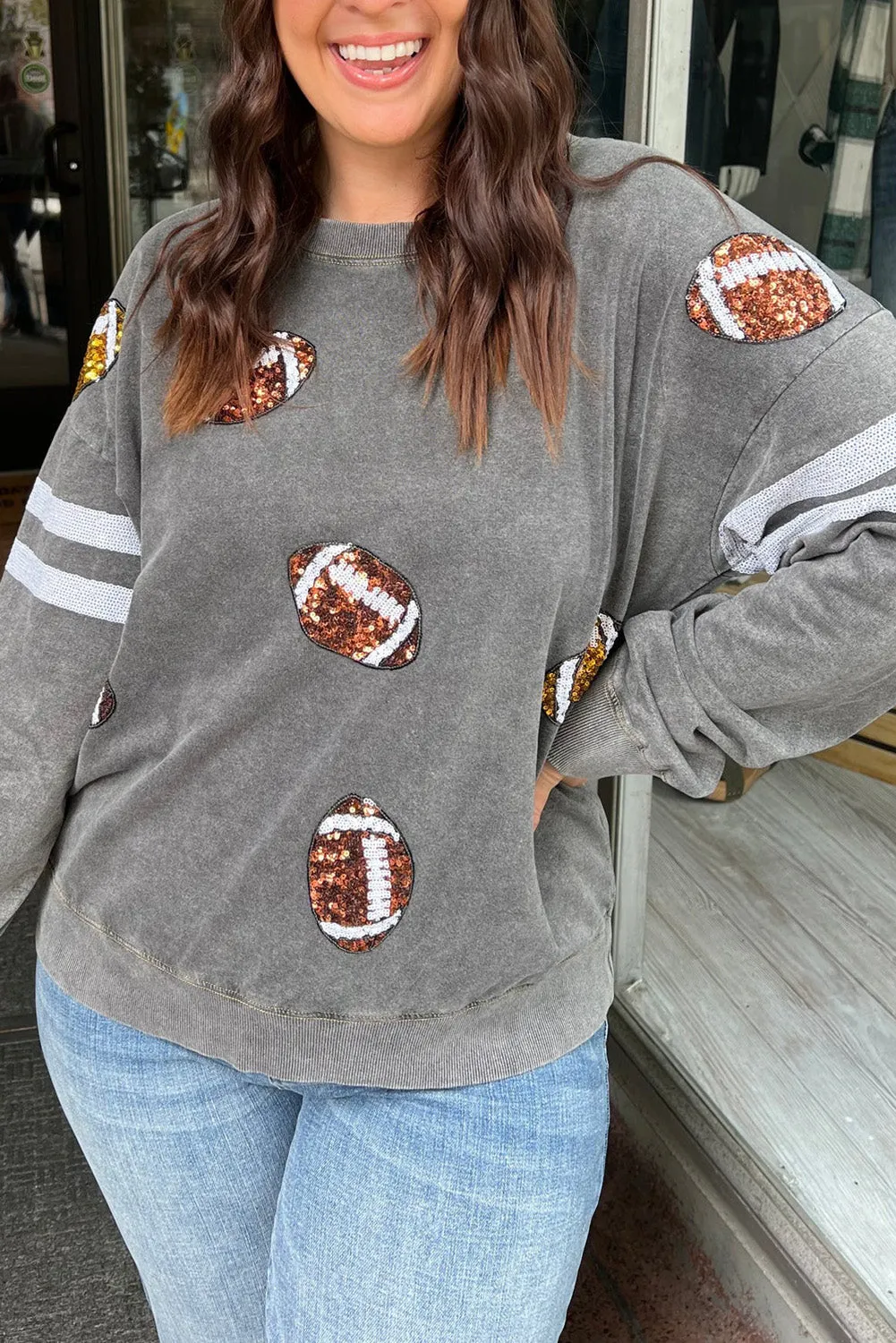 Medium Grey Mineral Wash Sequin Rugby Striped Sleeve Sweatshirt
