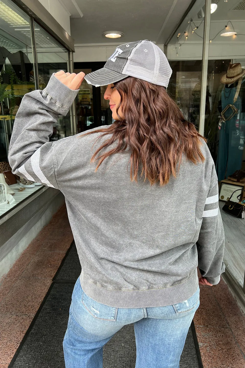 Medium Grey Mineral Wash Sequin Rugby Striped Sleeve Sweatshirt
