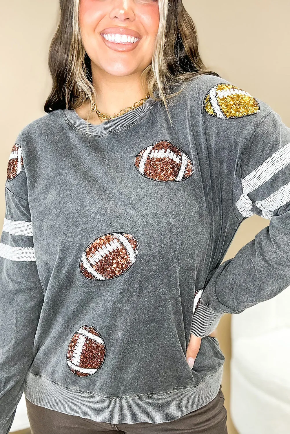 Medium Grey Mineral Wash Sequin Rugby Striped Sleeve Sweatshirt