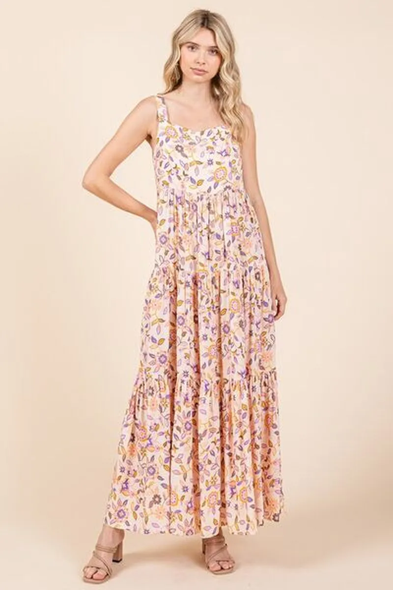 Mittoshop Flower Print Tiered Sleeveless Empire Maxi Dress