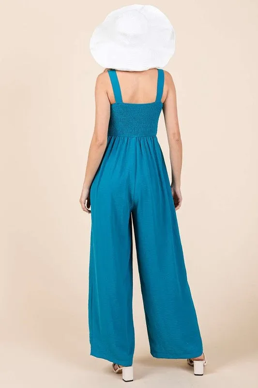 Mittoshop Smocked Wide Strap Wide Leg Overalls