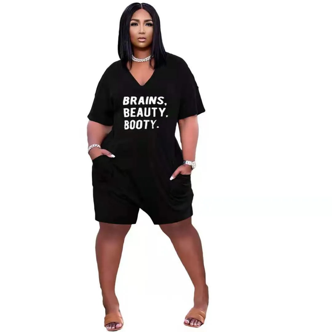 New letter printing loose V-neck jumpsuit AY1345