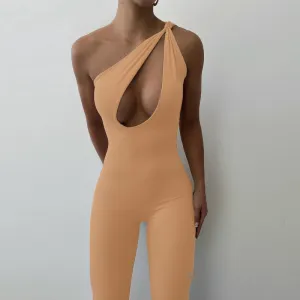 New Solid Color Irregular One-Shoulder Twisted Sleeveless Slim-Fit Jumpsuit