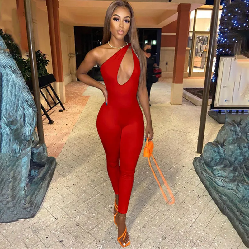 New Solid Color Irregular One-Shoulder Twisted Sleeveless Slim-Fit Jumpsuit