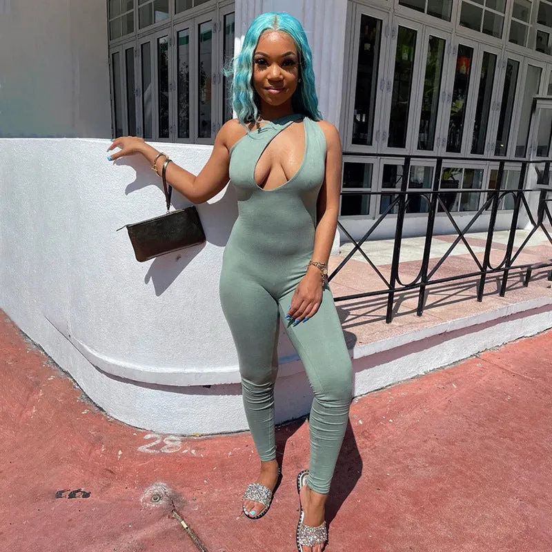 New Solid Color Irregular One-Shoulder Twisted Sleeveless Slim-Fit Jumpsuit