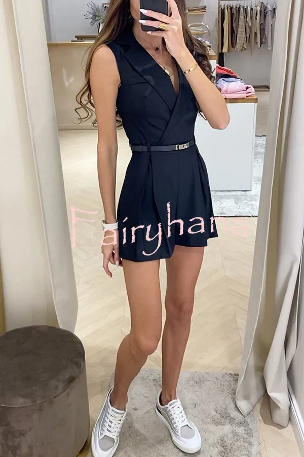 Office Lady or Fashion Girl Lapel Pocket with Belt Pleated Romper