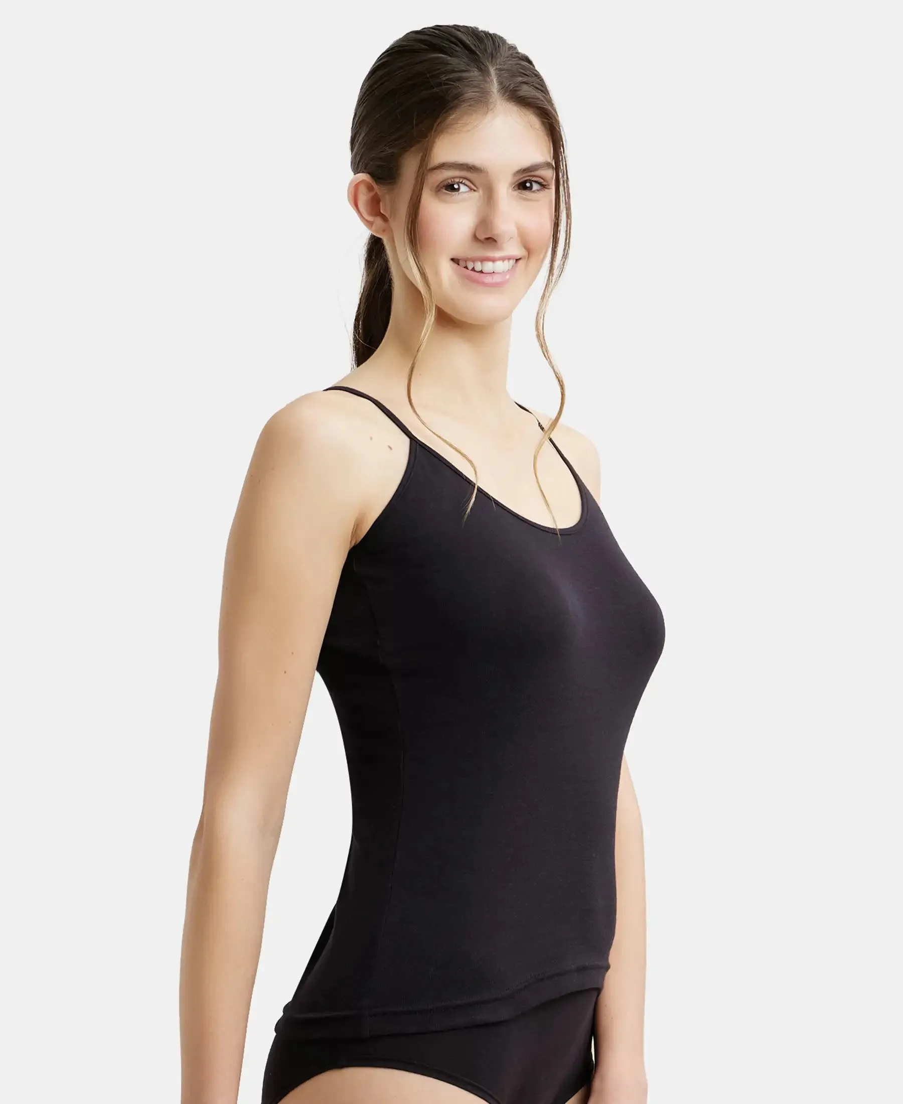 Pack of 2 Super Combed Cotton Rib Camisole with Adjustable Straps and StayFresh Treatment - Black & Light Skin