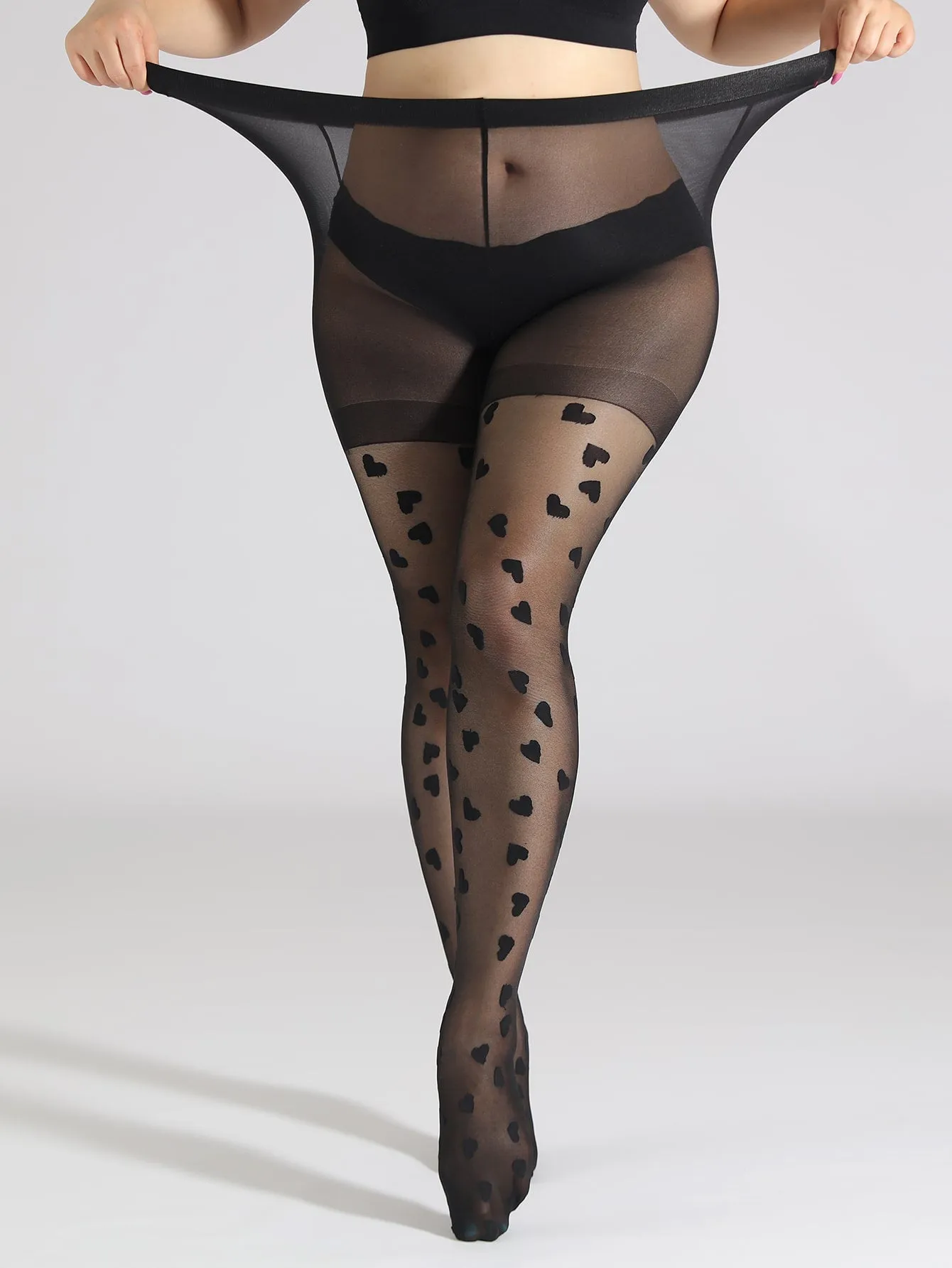 Plus Heart Pattern Tights - Black- FD ⚡