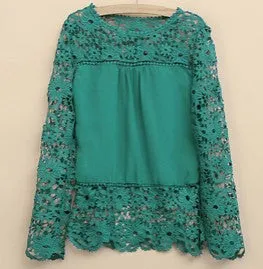 Plus Size 4XL 5XL women long-sleeved chiffon flower Lace Blouse Shirt Crochet Tops