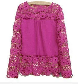 Plus Size 4XL 5XL women long-sleeved chiffon flower Lace Blouse Shirt Crochet Tops
