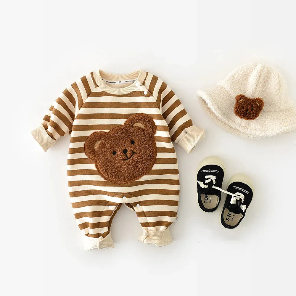 Popular Baby Rompers Thicken Lining Boys Clothes Striped Girls Jumpsuits Bear Outfit