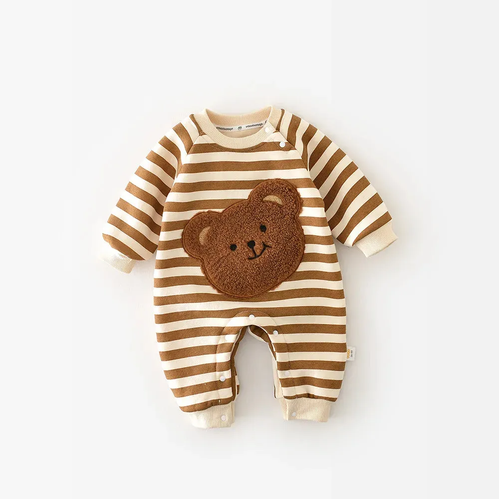 Popular Baby Rompers Thicken Lining Boys Clothes Striped Girls Jumpsuits Bear Outfit