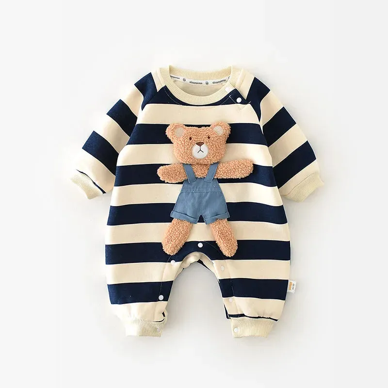 Popular Baby Rompers Thicken Lining Boys Clothes Striped Girls Jumpsuits Bear Outfit