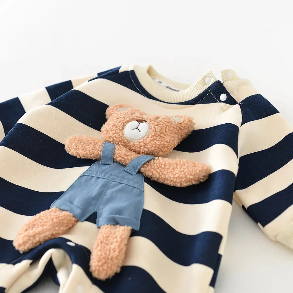 Popular Baby Rompers Thicken Lining Boys Clothes Striped Girls Jumpsuits Bear Outfit