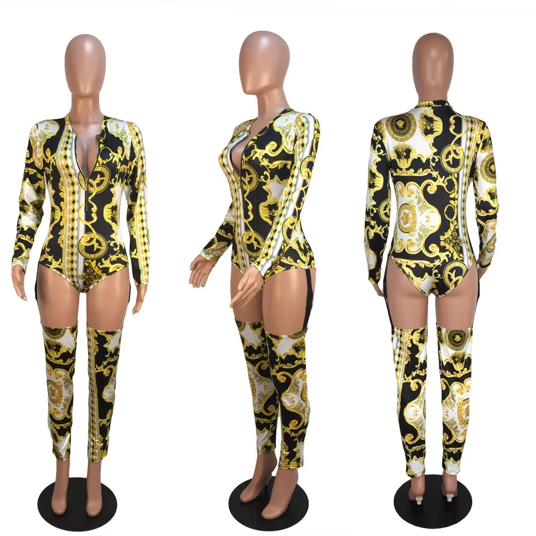 Print Zip Buckle Webbing Jumpsuit AY1710
