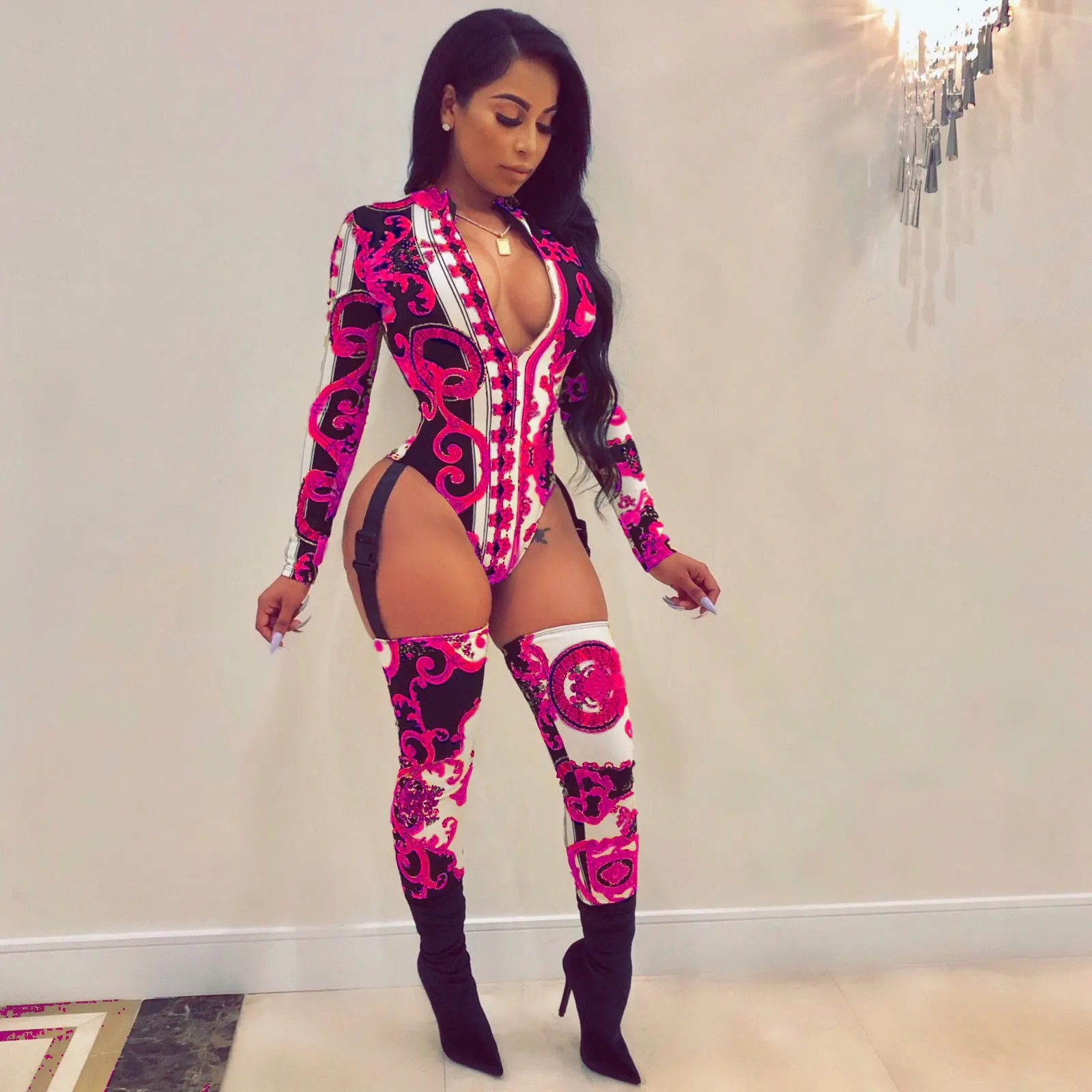Print Zip Buckle Webbing Jumpsuit AY1710