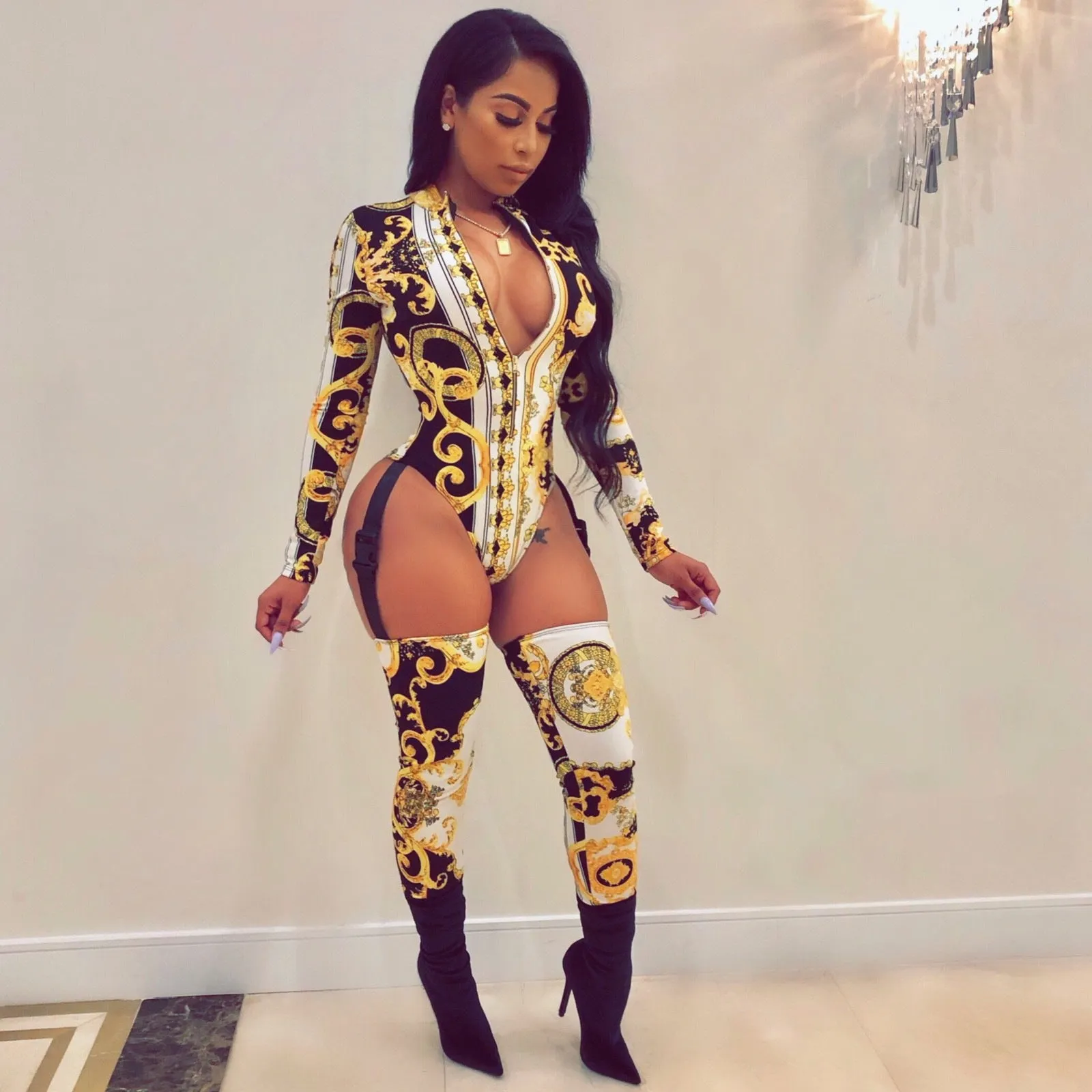 Print Zip Buckle Webbing Jumpsuit AY1710