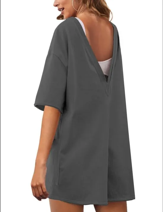 RIATOUR Women's Reversible Hot Shot Tee Romper Casual Oversized Onesie Backless Loose Jumpsuit with Pockets