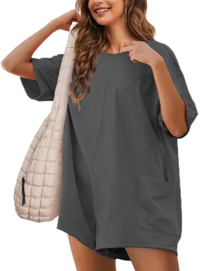 RIATOUR Women's Reversible Hot Shot Tee Romper Casual Oversized Onesie Backless Loose Jumpsuit with Pockets