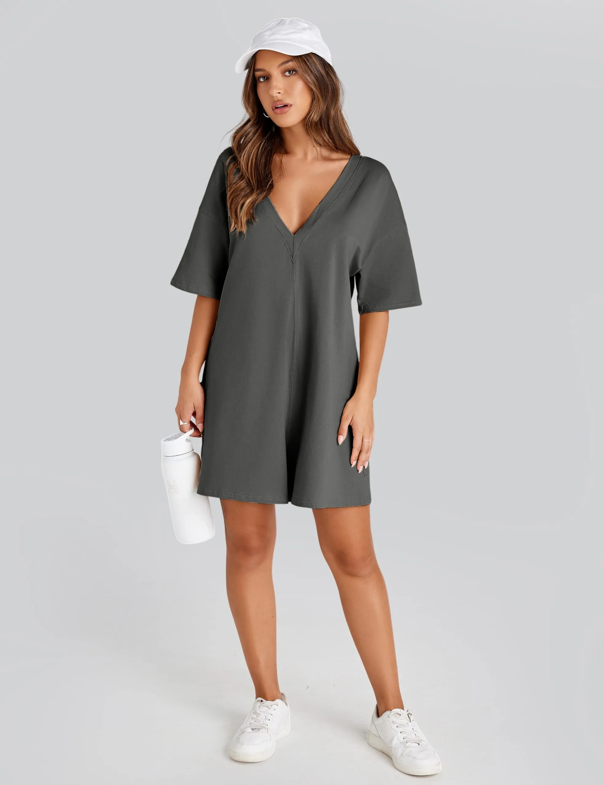 RIATOUR Women's Reversible Hot Shot Tee Romper Casual Oversized Onesie Backless Loose Jumpsuit with Pockets