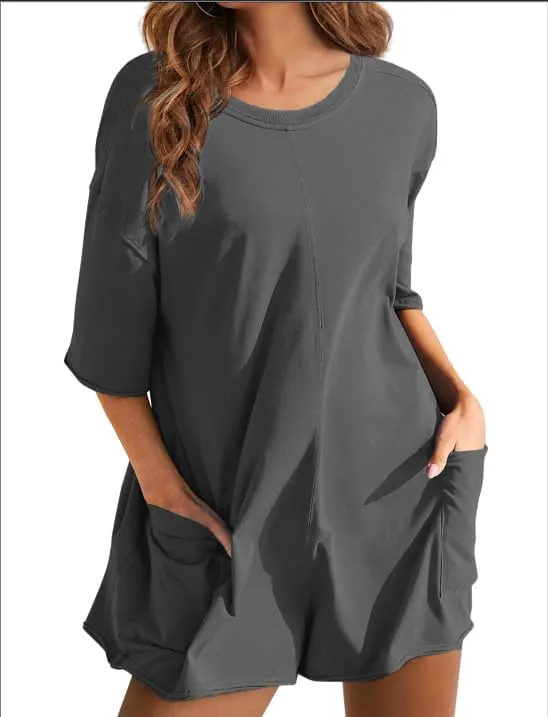 RIATOUR Women's Reversible Hot Shot Tee Romper Casual Oversized Onesie Backless Loose Jumpsuit with Pockets