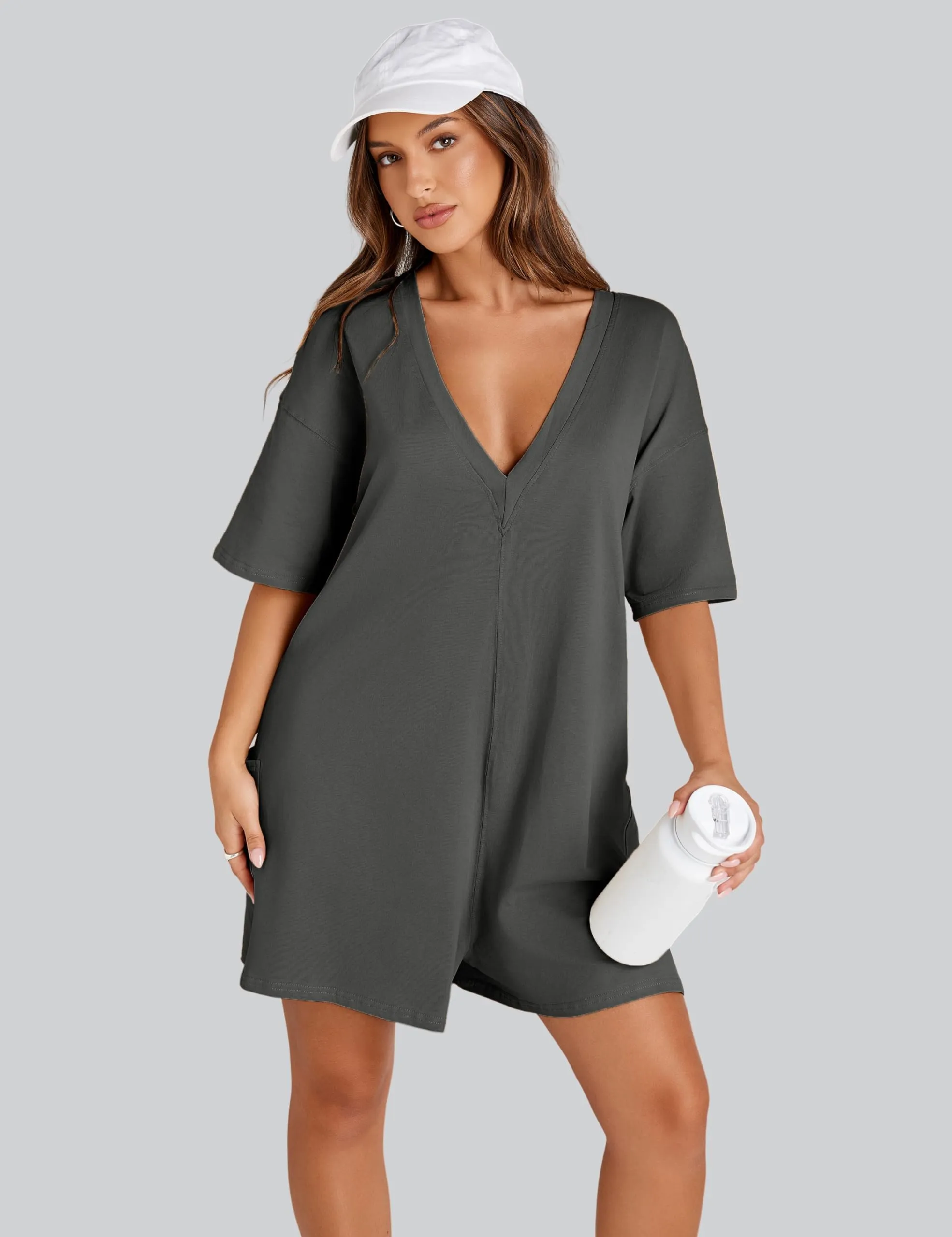 RIATOUR Women's Reversible Hot Shot Tee Romper Casual Oversized Onesie Backless Loose Jumpsuit with Pockets