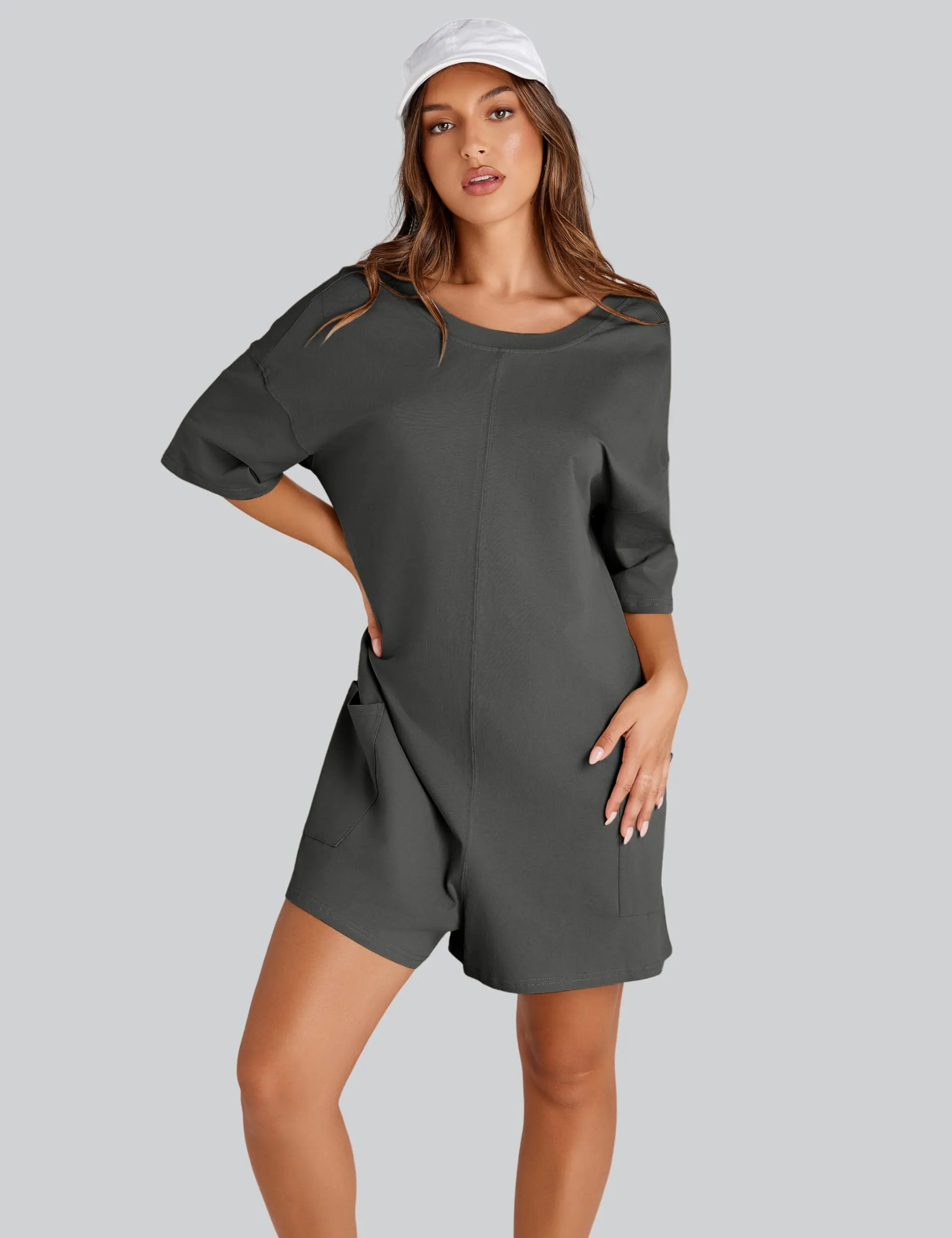 RIATOUR Women's Reversible Hot Shot Tee Romper Casual Oversized Onesie Backless Loose Jumpsuit with Pockets