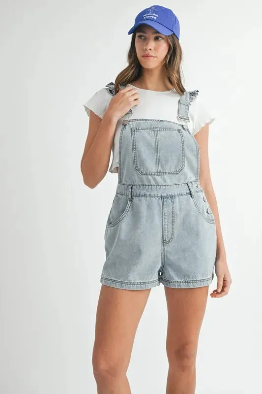 Ruffle Shoulder Denim Short Overall