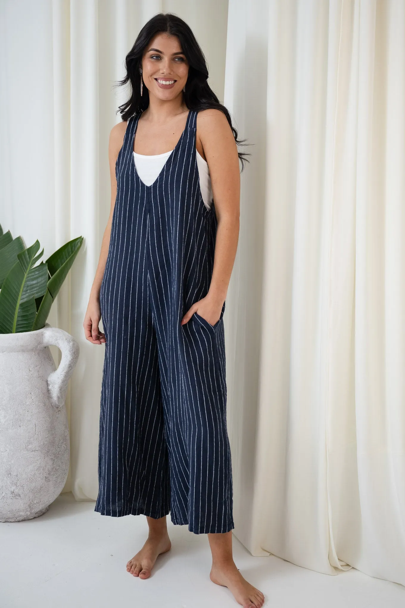 Salvatore Pinstripe Overalls | Navy