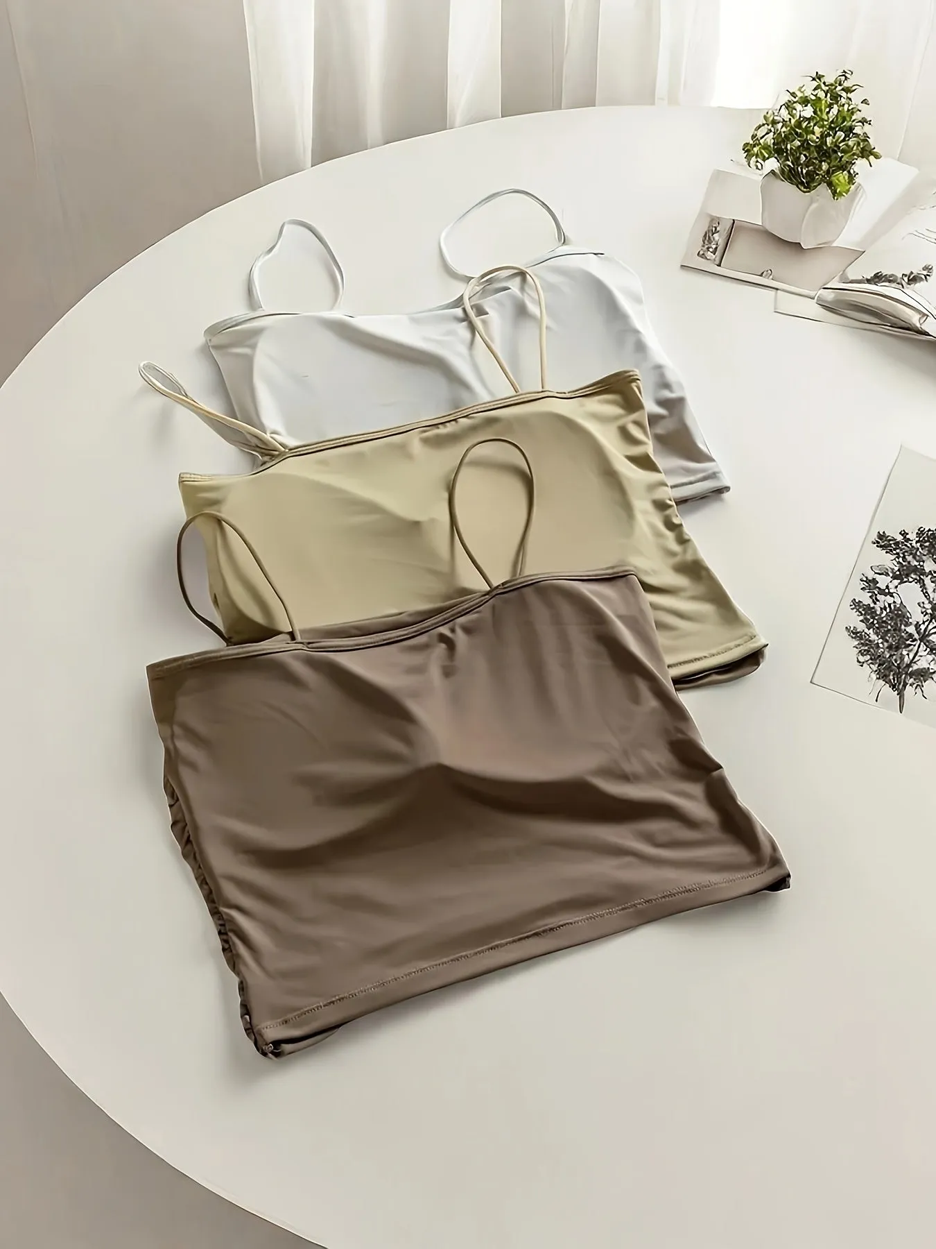 Set Of 3 Girls' Multicolor Viscose Pleated Backless Camisoles, Simple And Comfortable Versatile Padded Tops, Suitable For Ages 10-14