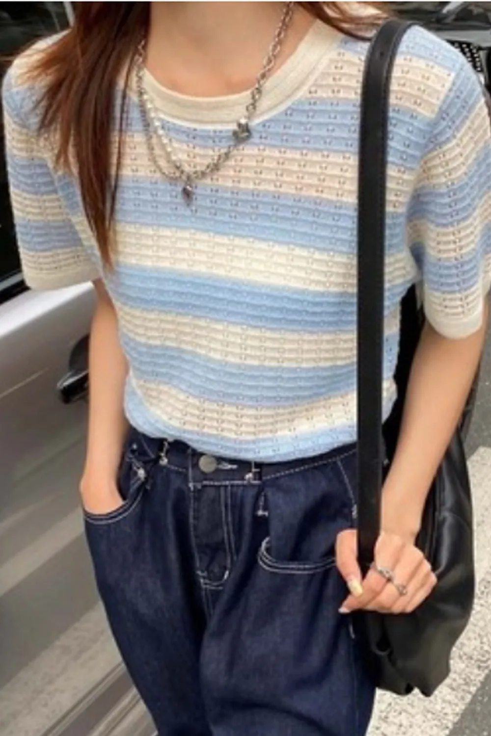 Short Sleeve Hollow Style Striped Shirts