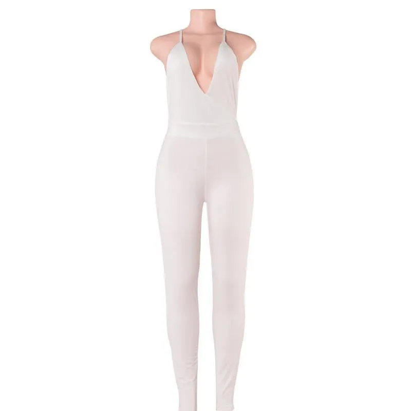 Sleeveless Elegant Jumpsuit Fashion Bodycon Deep V neck Halter Cross Suede Club Jumpsuits and Rompers for Women