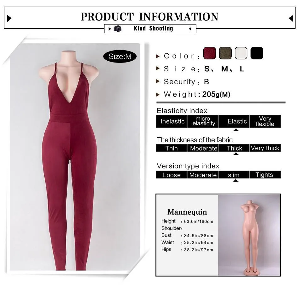 Sleeveless Elegant Jumpsuit Fashion Bodycon Deep V neck Halter Cross Suede Club Jumpsuits and Rompers for Women
