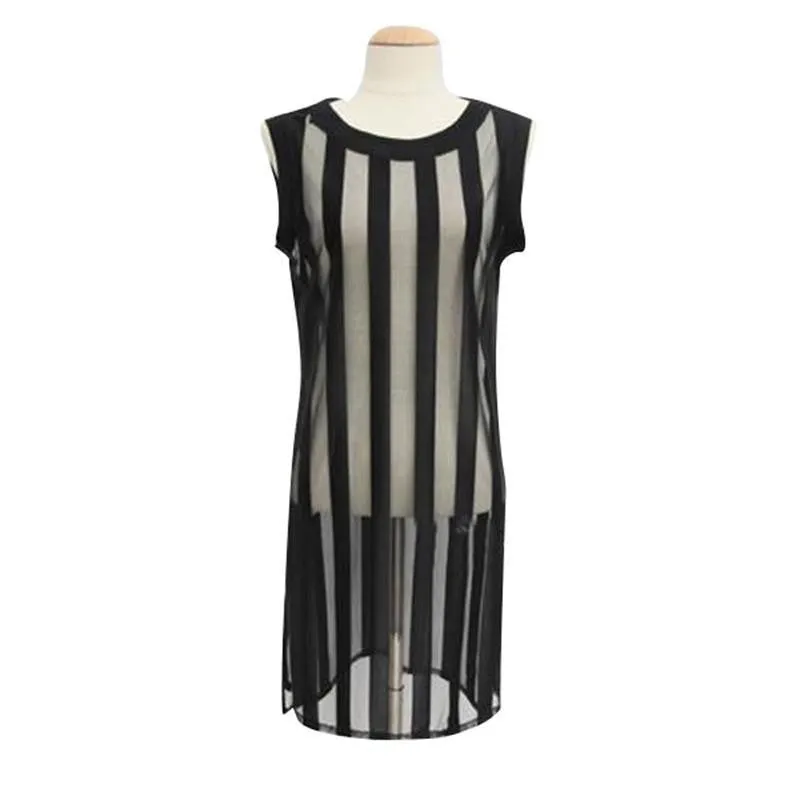 Sleeveless Mesh Sheer T Shirt Women Tops and Tees Long Striped Top Unique Casual All-Match Women's T-shi