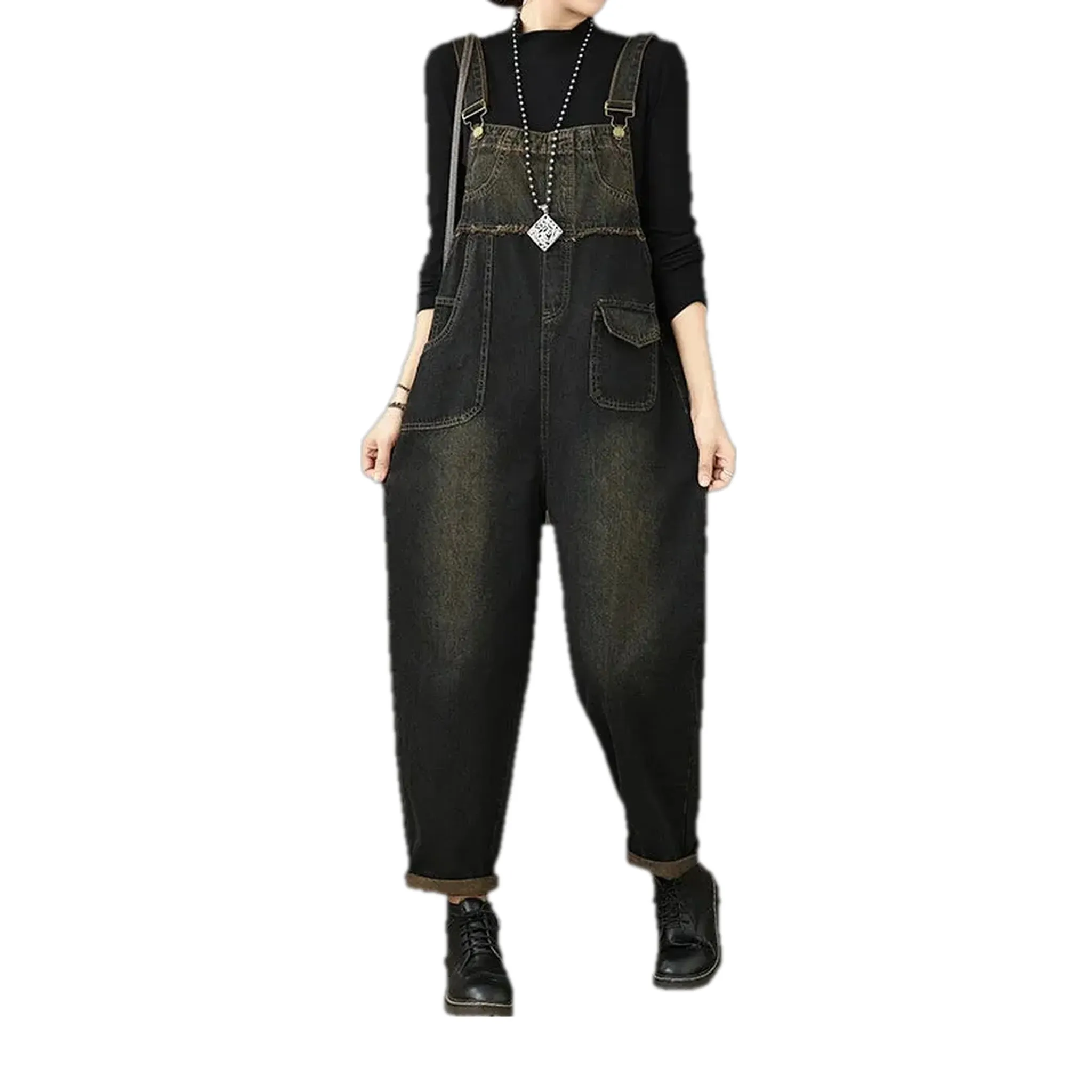 Smoothed vintage baggy fit women's denim dungaree