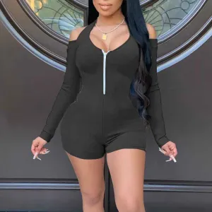 Solid Cold Shoulder Long Sleeve Romper