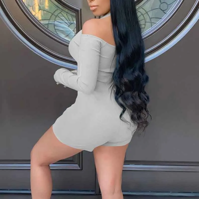Solid Cold Shoulder Long Sleeve Romper