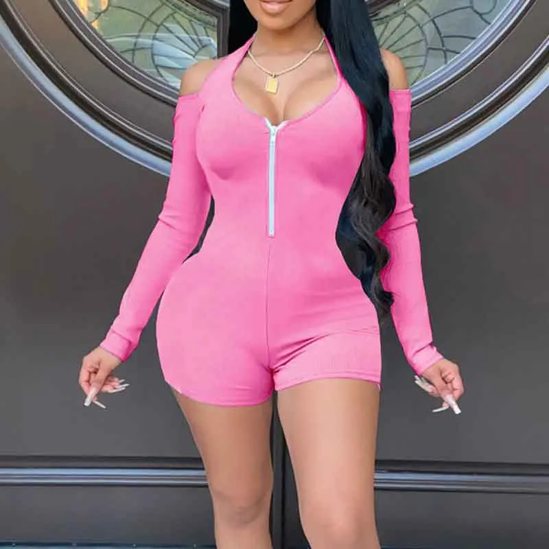 Solid Cold Shoulder Long Sleeve Romper
