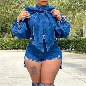Solid Lantern Sleeve Bowknot Decoration Romper Without Belt