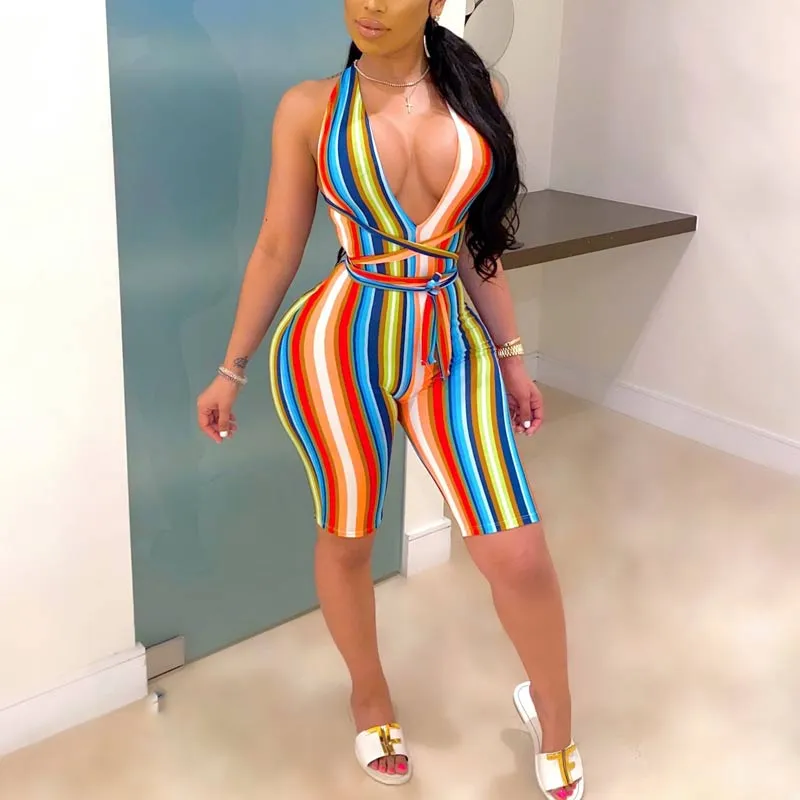 Stripe Pattern Deep V-Neck Bandage Romper