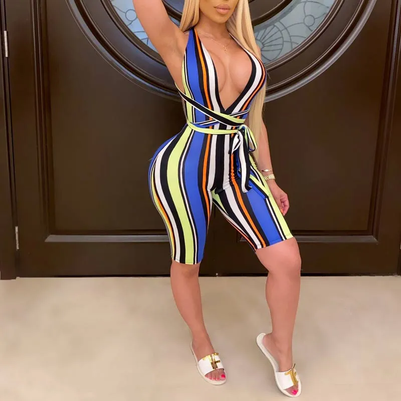 Stripe Pattern Deep V-Neck Bandage Romper