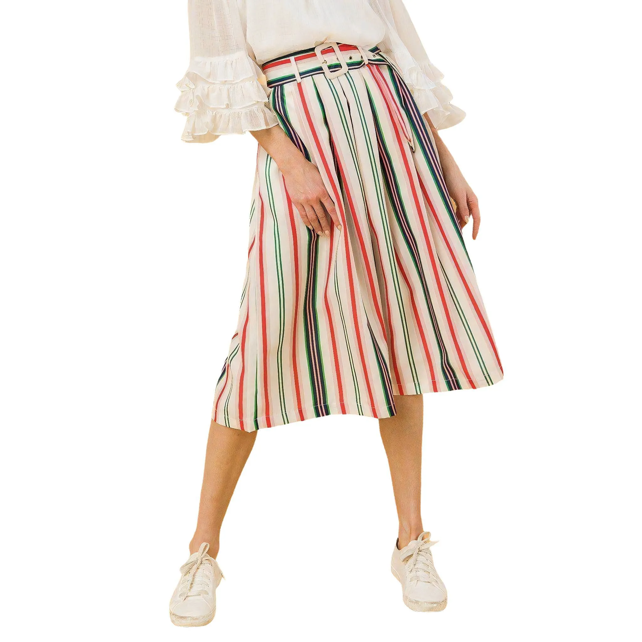 Striped Pleat Perfection Midi Skirt with Pockets