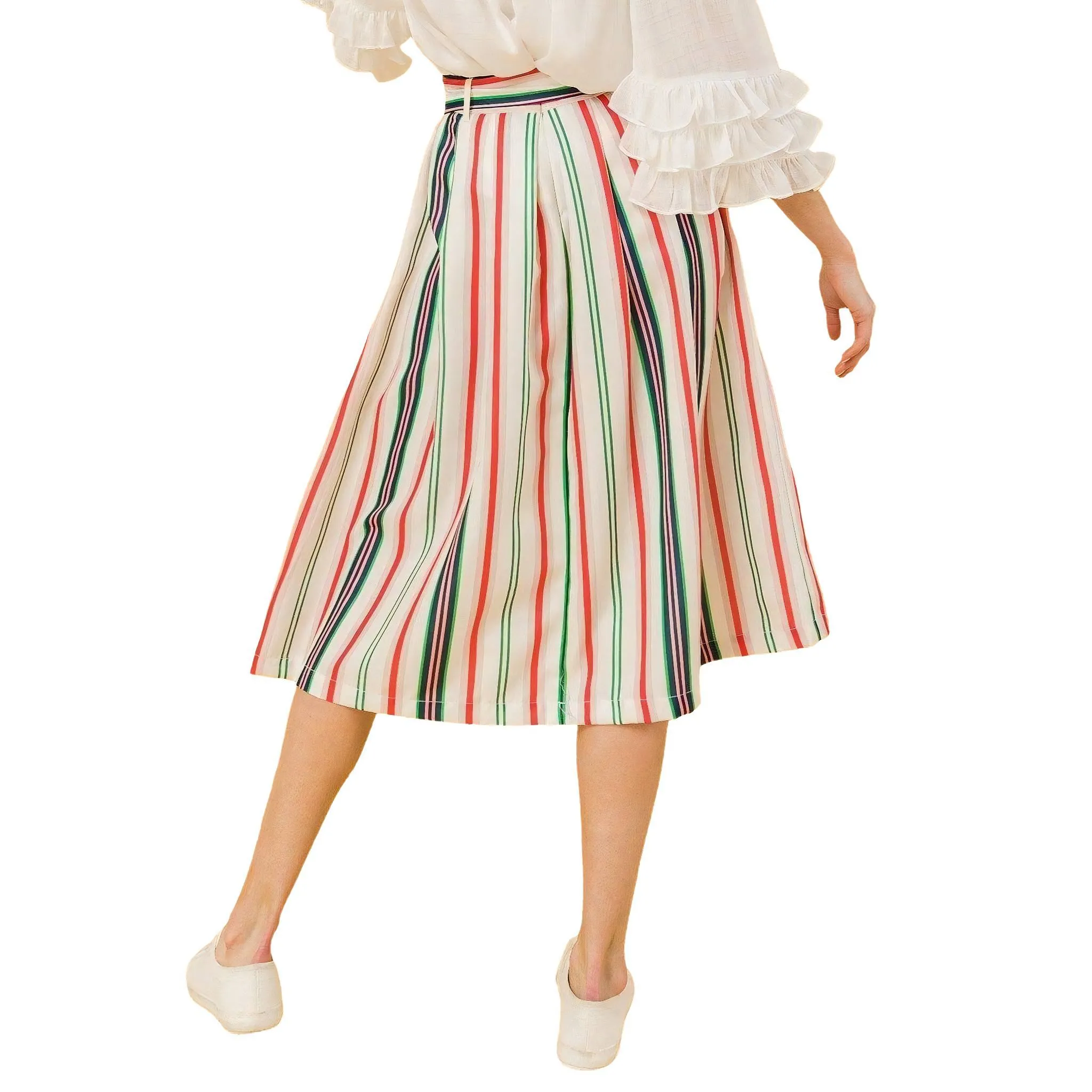 Striped Pleat Perfection Midi Skirt with Pockets