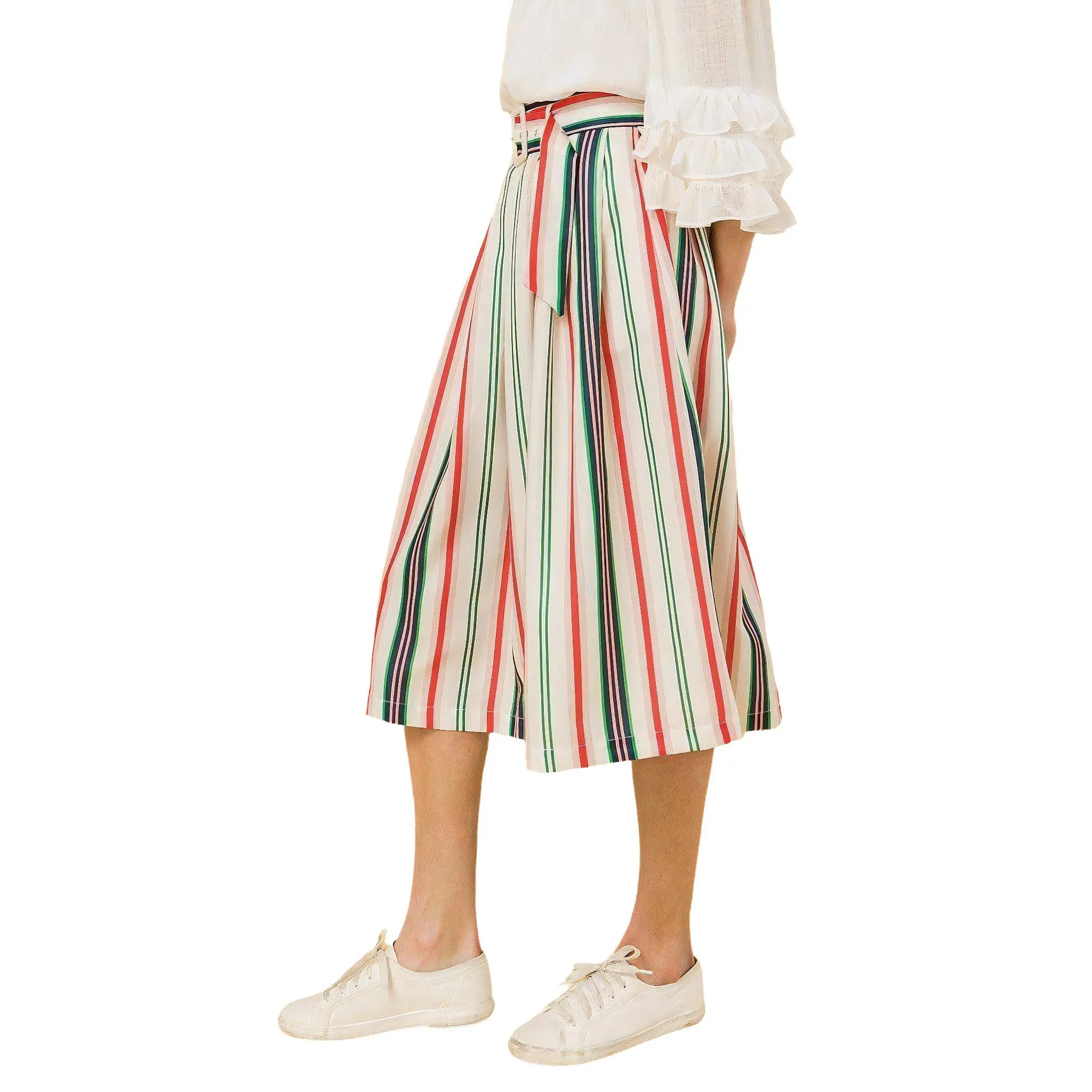 Striped Pleat Perfection Midi Skirt with Pockets