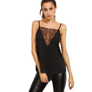Style Women Tops Camisoles For Ladies Black Spaghetti Strap Lace Patchwork Hollow Back Cami Top
