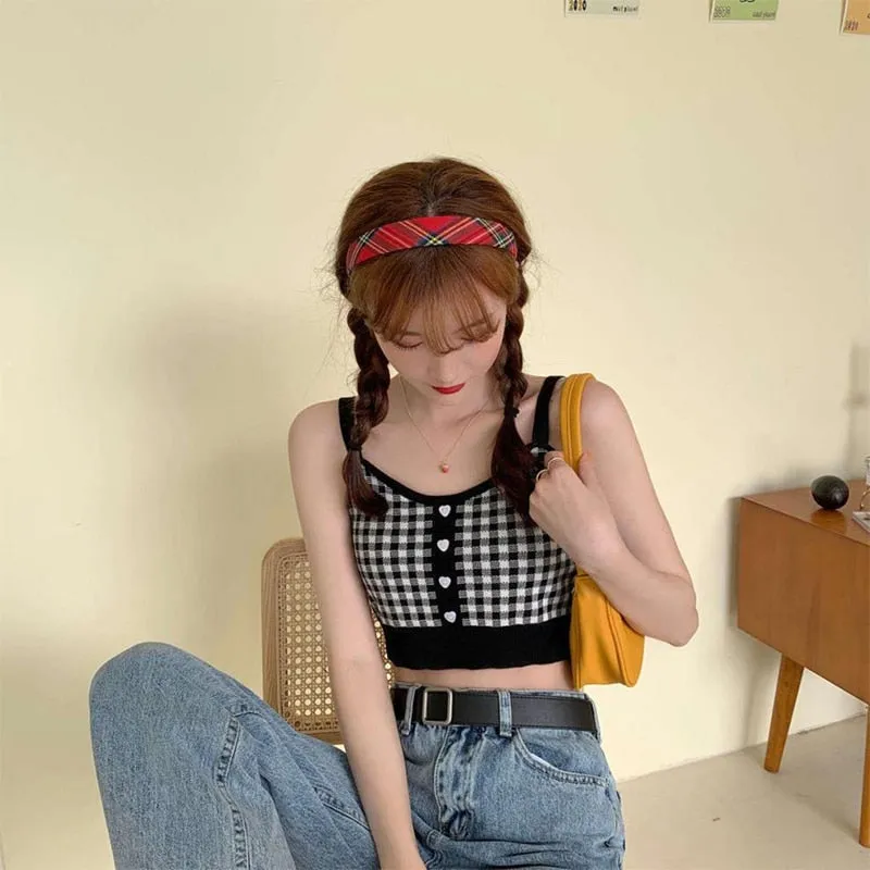 Summer New Fashion Women Plaid Crop Buttons Camis Knitting Cute Tank Tops Ladies Sleeveless Solid Crop Tops