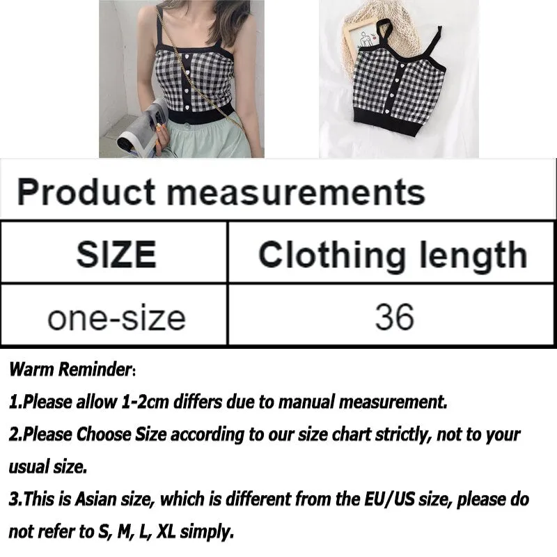 Summer New Fashion Women Plaid Crop Buttons Camis Knitting Cute Tank Tops Ladies Sleeveless Solid Crop Tops