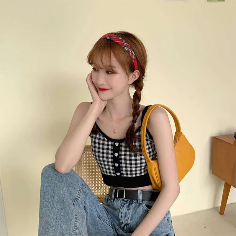 Summer New Fashion Women Plaid Crop Buttons Camis Knitting Cute Tank Tops Ladies Sleeveless Solid Crop Tops